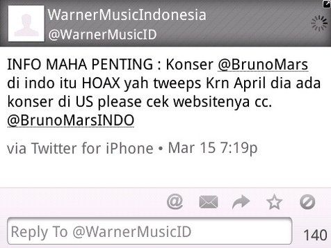 Pihak label membantah kedatangan Bruno Mars ke Indonesia April mendatang